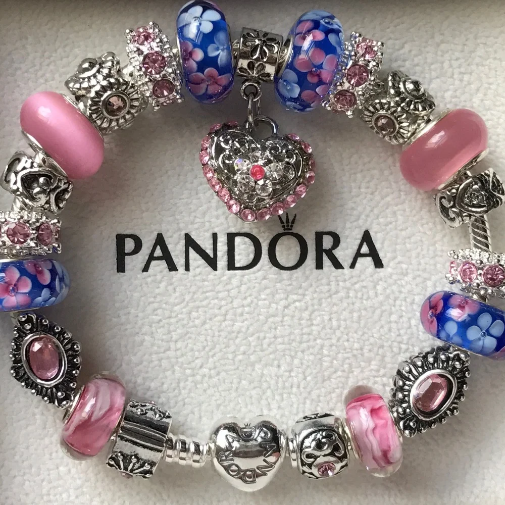 Authentic PANDORA Heart Clasp S925 Silver Bracelet with Murano Glass Beads 7.9" - Picture 12 of 16